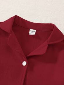 SHEIN Young Girl Washed Creased Fabric 2 Pieces Outfit With White Ruffle Trim Top And Pants, Casual Elegant Style, Home Wear Set - Red - View 5