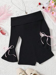 SHEIN Elladie kids Mono de niña con mangas de campana y lazo - Negro - Ver 1