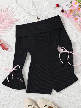 SHEIN Elladie kids Girls Bell Sleeve Bowknot Jumpsuit