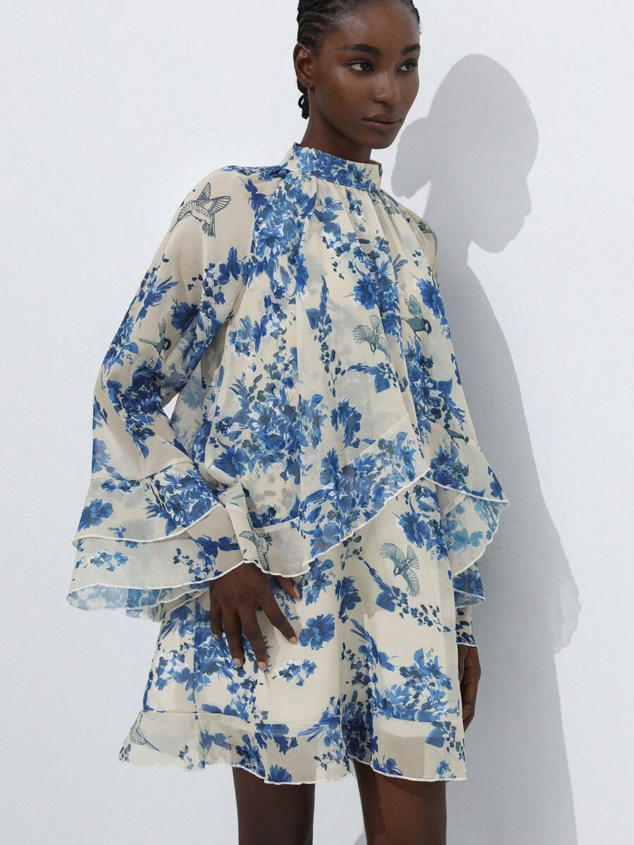 Aveloria Modichic Chic Ruffled Floral Print Long Sleeve Flare Sleeve Sheer Mini Dress For Women, Suitable For Valentine's Day, Spring Season Fall Cloth For Women - Multicolor - View 1