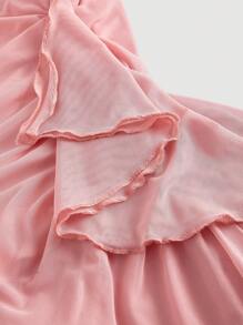 SHEIN MOD Women's Solid Color Ruched Ruffle Hem Dress Asymmetrical Hem Shift Dress Blue Strap Dress Pink,Valentine Outfits - Pink - View 4