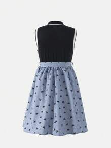 Abito elegante in stile college per ragazza adolescente, collo alla polo, senza maniche, vita alta, corto, con stampa farfalla, 2 in 1 - nero - Visualizzare 2