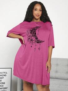 SHEIN CURVE+ Plus Size Music Festival Floral Print Drop Shoulder T-Shirt - Hot Pink - View 5