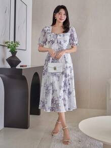 DAZY Women Floral Print Square Neck Puff Sleeve Ruffle Hem Midi Dress Sundress