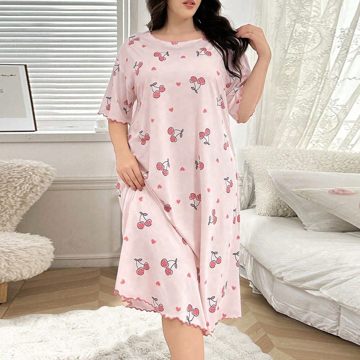 Camisón de manga corta con estampado de cerezas talla grande, casual y de moda, adecuado para el verano, vestido de dormir Moo Moo
