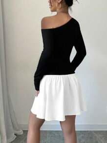 Chiquease 女士春秋款不对称肩部拼布短袖和长袖连衣裙 - 黑與白 - 查看 2