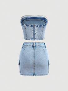 SHEIN Girlism 青少年女孩 Y2K 夏季时尚两件套露肩牛仔短款上衣和翻盖口袋牛仔迷你工装裙套装，女孩夏季早午餐毕业装，度假海滩休闲装，青少年女孩，乡村音乐会装/狂欢节街头装 - 淺色水洗藍 - 查看 2