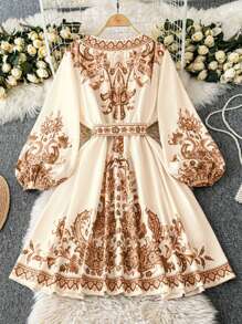 SHEIN LUNE Court Retro  Plus Size V-Neck Lantern Sleeve A-Line Knee Length Vacation Party Dress - Apricot - View 2