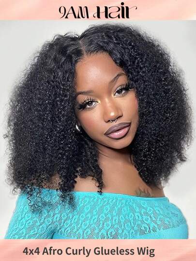 4X4 Glueless Lace Afro Kinky Curly Wear&Go 180% Density Wigs Human Hair Transparent Pre-Cut Lace Closure Wig Pre Plucked Black Color Curly Wigs For Women Daily Use More Softer And Healthier Cap