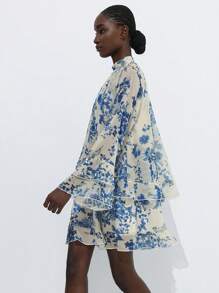 Aveloria Modichic Chic Ruffled Floral Print Long Sleeve Flare Sleeve Sheer Mini Dress For Women, Suitable For Valentine's Day, Spring Season Fall Cloth For Women - Multicolor - View 6