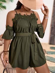 Breezaya 大码假日休闲纯色蕾丝拼布露肩带连体裤 - 軍綠色 - 查看 1