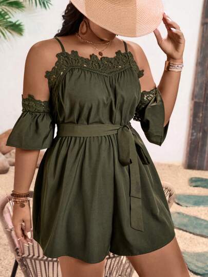 Breezaya 大码假日休闲纯色蕾丝拼布露肩带连体裤