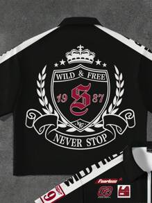 SHEIN Tween Boy 休闲字母图案翻领拉链短袖衬衫、音乐会上衣 - 彩色 - 查看 3