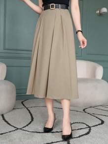 DAZY 女士纯色百褶A字优雅通勤半身裙，秋冬女装半身裙 - 卡其色 - 查看 4