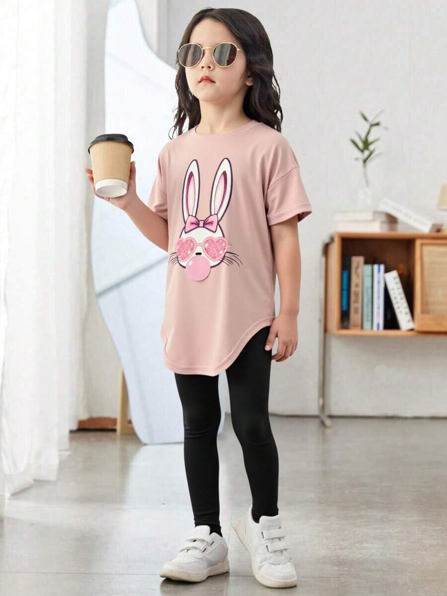 2 件套年轻女孩休闲简约复活节兔子图案短袖上衣和紧身裤套装，适合夏季 - 彩色 - 查看 1