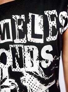 ROMWE J-Fashion Portrait Englische grafische Metallic-Muster asymmetrisches T-Shirt-Kleid - Schwarz - Übersicht 2