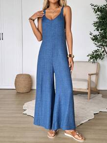 Faunlyn Bộ đồ liền thân đơn sắc thường ngày dành cho nữ có dây đeo mảnh, phong cách ống rộng trẻ trung và thường ngày - Màu xanh lam - Xem 4