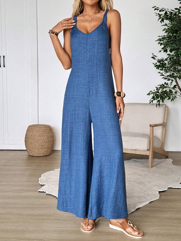 Combinaison casual unie pour femme avec bretelles spaghetti, style jeune et casual à jambes larges