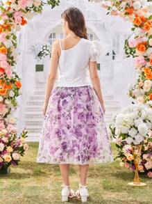 2pcs/Set Elegant Purple Ditsy Floral Sleeveless Top And Mini Skirt Set, Fashion Design For Teens - White - View 2