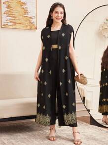 SHEIN Teen Girl Eid Al-Adha, National Day, Ramadan Luxury , Glamorous, Vintage/Boho, Festival, Elegant, Foil Print Shawl Jacket And Jumpsuit Set - Black - View 7