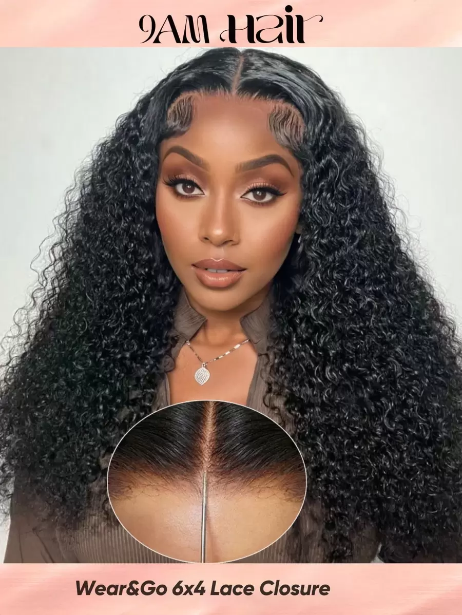 Wear&Go 6X4 卷曲人发无胶假发卷发假发透明预切蕾丝前部假发预拔发际线即戴蕾丝闭合假发自然黑色人发假发原始头发适合女性日常使用 - Natural Black - 查看 1
