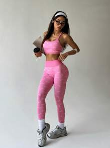 SHEIN Sport Studio Women's Bow Printed Halter Top And Sweatpants Sports Suitwomen Workout Set