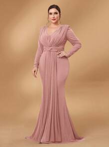 SHEIN Belle 大码莲藕粉色金属针织深V领扭纹设计派对礼服、婚礼宾客礼服、正式礼服、晚礼服、长袍