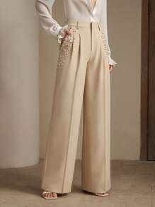 Anewsta Fashionable Modern Commuter Pearl Rhinestone Decor Women Office Pants, Elegant Casual Work Outfits For Women - Cream - View 2