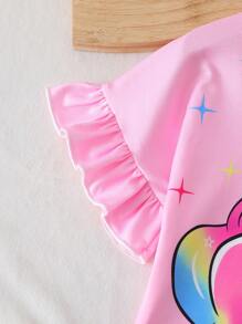 Young Girls Pink Colorful Unicorn Ruffle Short Sleeve T-Shirt With Elastic Waist Shorts Set, Casual For Summer Daily Wear