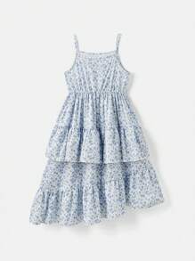 SHEIN 2pcs Tween Girl Denim Jacket And Asymmetrical Hem Ditsy Floral Dress Set, Casual, Elegant, Suitable For Holiday & Outings, Spring/Summer - Multicolor - View 6