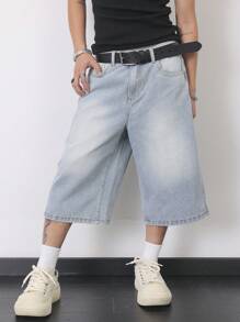 Claim Dot 男士口袋阔腿宽松休闲牛仔短裤 - 淺色水洗藍 - 查看 7