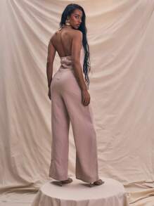 MUSERA Bộ jumpsuit ống rộng dệt kim cổ yếm hai dây, thích hợp cho mùa xuân hè, đi nghỉ mát, phong cách thường ngày, thanh lịch, lễ Phục sinh. - Màu Khaki - Xem 3