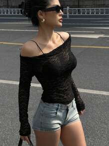 DAZY 女式蕾丝透视不对称肩部衬衫，春夏长袖女式上衣，秋季女装