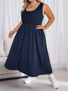 SHEIN CURVE+ Plus Size Women's Solid Color Basic Sleeveless Dressbeach Outfits For Woman/Beach Dress/Beach Vacation Outfits/Beach Essentials / Graduation/Tea Party Dress - Navy Blue - View 7