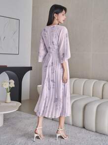 DAZY Women's V-Neck Floral Print 3/4 Sleeve Pleated Hem Elegant Dress, Fall Clothes Dress - Mauve Purple - View 2
