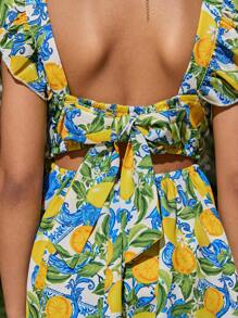 年轻女孩热带水果图案可爱休闲方领盖袖喇叭下摆露背蝴蝶结连衣裙，母子套装（3 件单独出售） - 綠色 - 查看 7