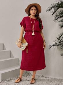 EMERY ROSE Plus Size Solid Color Simple Round Neck Short Sleeve Casual Everyday Dress,Summer Outfits For Women/Summer,Tropical Vacation Woman Clothes - Burgundy - View 4