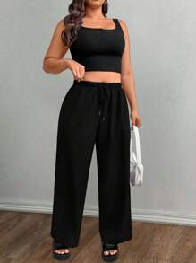 SHEIN LUNE Pantalones largos informales minimalistas de diseño arrugado para mujer de talla grande