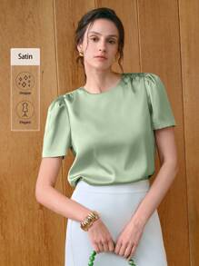 Uhlyne 女士优雅圆领短袖府绸衬衫，通勤风格 - 薄荷綠 - 查看 2