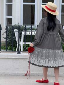 DAZY Mid-Length A-Line Lace Patchwork Solid Color Princess Round Neck Long Sleeve Dress For Tween Girls - Grey - View 2