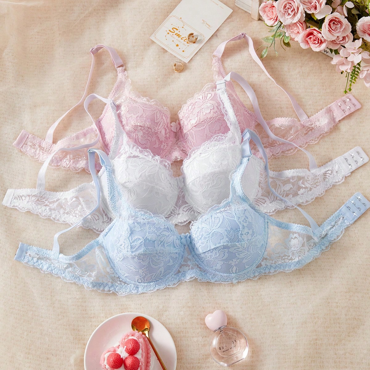 Set de 3 sujetadores de lencería con aros para mujer de diseño simple, lencería sexy francesa romántica