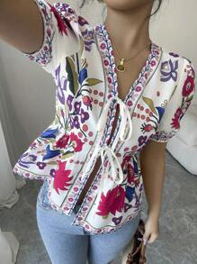 Elenzga Women's Floral Print Tie Front Short Puff Sleeve Casual Blouse