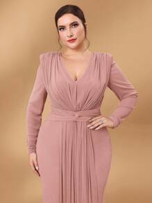 SHEIN Belle 大码莲藕粉色金属针织深V领扭纹设计派对礼服、婚礼宾客礼服、正式礼服、晚礼服、长袍