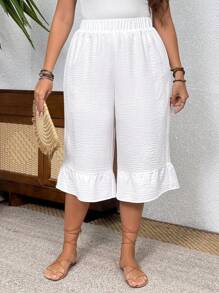 EMERY ROSE Pantalones capri holgados con cintura elástica blanca y detalle de volantes en el bajo, para mujer de talla grande. Estilo casual para primavera/verano - Blanco - Ver 4