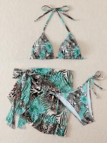 SHEIN Swim Women's Summer Sexy Random Print Halter Wrap Bandeau Bikini Top, Ruffle Edge Tie Side Mini Skirt 3-Piece Set - Multicolor - View 5
