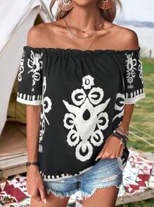 SHEIN LUNE Blusa bohemia de mujer de manga corta y hombros descubiertos con estampado retro, adecuada para festivales de música, primavera/verano - Negro - Ver 2