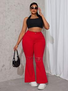Slaydiva Plus Size Plain Denim Jeans, Casual & Fashion, Suitable For Summer - Red - View 5