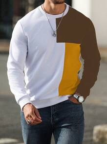 Manfinity Homme Men's Casual Contrast Color Block Round Neck Sweatshirt Men Color Block Top - Khaki - View 3