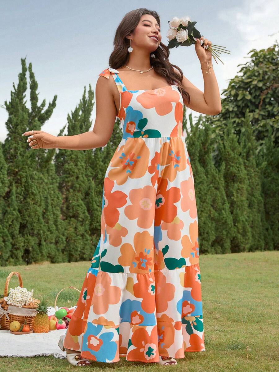 SHEIN Clasi Combinaison grande taille à imprimé floral, épaules nouées avec jambe ample, pour les vacances - Multicolore - Voir 1