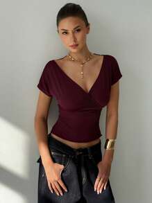 Aloruh 女士深红色 T 恤，性感蕾丝透视后背细节 - 酒紅色 - 查看 5